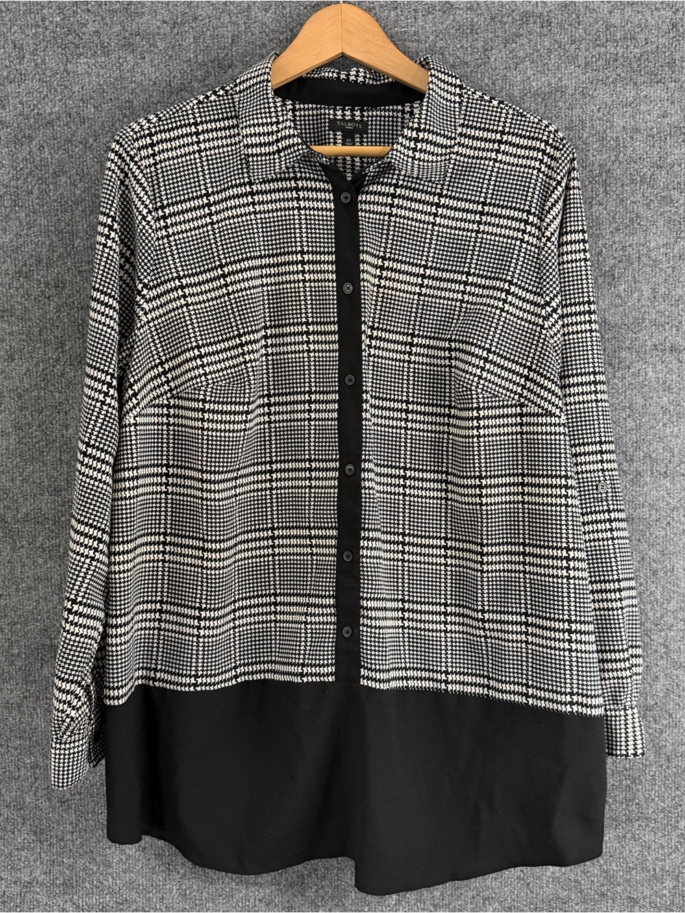 Talbots Womens 2X Houndstooth Button Front Top Black White Long Sleeve Office
